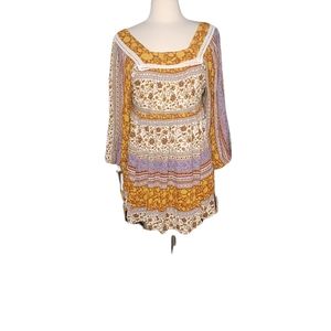 Dance & Marvel Mini Dress xs Long Sleeve Square Neck Boho Art To Wear Floral